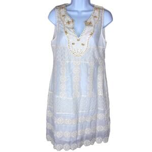 Hale Bob Cabana Embroidered Eyelet Dress Sleeveless V-Neck Scallop Hem Small